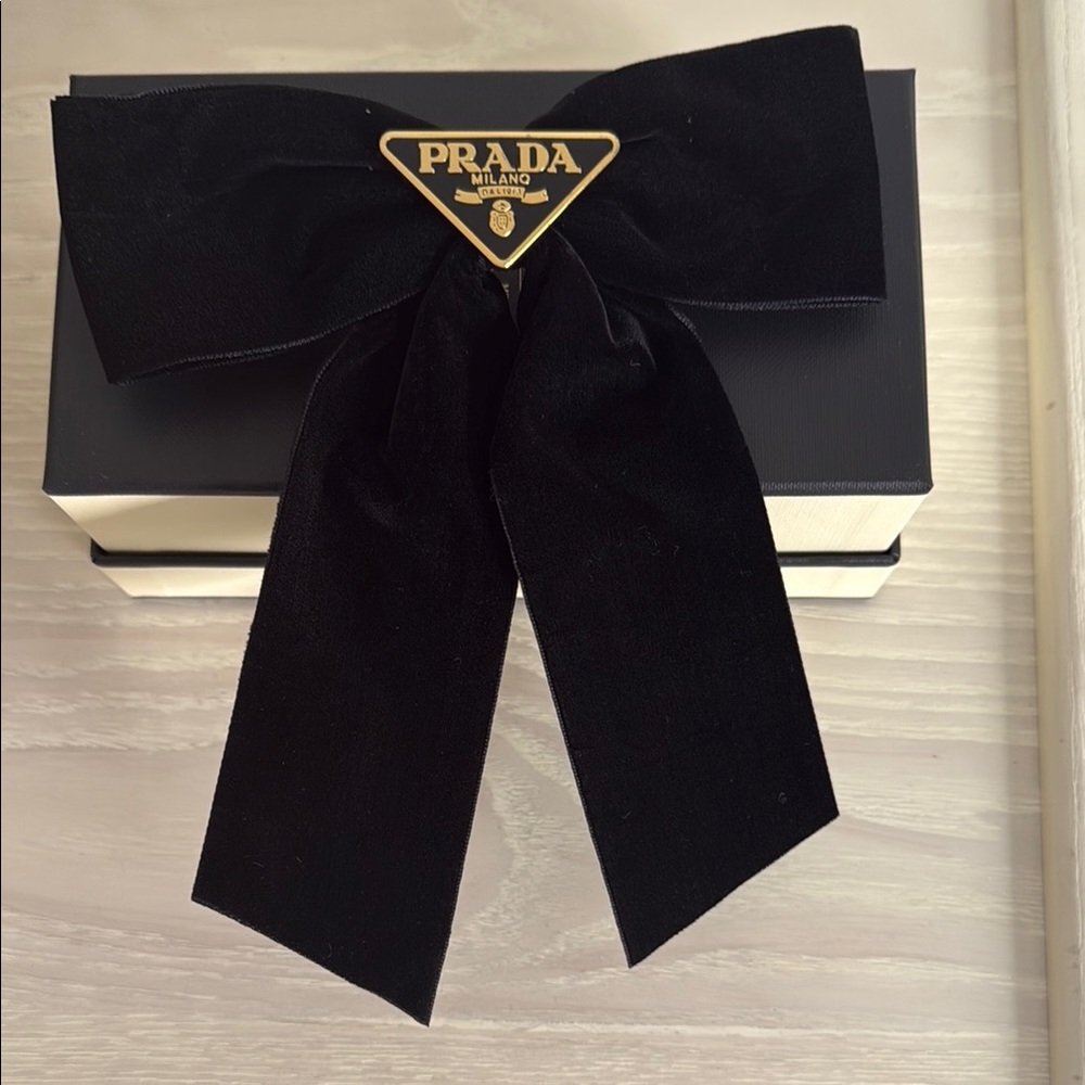 Prada Black Hair Bow with Gold Logo